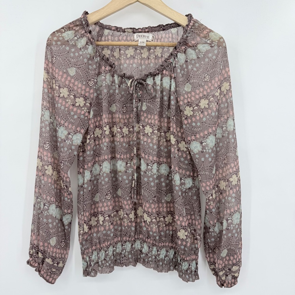 Decree Blouse Womens Small Purple Floral Sheer Smocked Boho Peasant Top